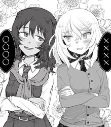  2girls andou_(girls_und_panzer) bc_freedom_school_uniform belt blush commentary_request crossed_arms dark-skinned_female dark_skin floral_background girls_und_panzer greyscale jacket_around_neck long_sleeves looking_at_another medium_hair messy_hair monochrome multiple_girls necktie open_mouth oshida_(girls_und_panzer) school_uniform skirt smile speech_bubble standing sweater tongue tsumin 