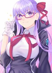  :3 adjusting_eyewear akapug621 bad_id bad_pixiv_id bb_(fate) bb_(fate/extra) bespectacled black_jacket blush breasts commentary_request fate/extra fate/extra_ccc fate/grand_order fate_(series) female glasses gloves hair_ribbon huge_breasts jacket long_hair looking_at_viewer purple_eyes purple_hair red-framed_eyewear red_ribbon ribbon semi-rimless_eyewear solo sparkle under-rim_eyewear white_gloves 