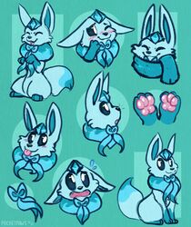  2019 blep blue_body blue_fur blue_theme blush bow_(disambiguation) closed_eyes conditional_dnp eeveelution feral fur generation_4_pokemon glaceon happy hi_res looking_back male model_sheet nintendo one_eye_closed paws pocketpaws pokemon pokemon_(species) scared scarf shiver_(shivereevee) sitting smile solo standing surprise tongue tongue_out wink 