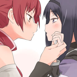  2girls akemi_homura akemi_homura_(magical_girl) black_hair black_headwear blush capelet commentary detached_sleeves face-to-face hairband highres holding_hands long_hair long_sleeves looking_at_another mahou_shoujo_madoka_magica mahou_shoujo_madoka_magica_(anime) multiple_girls purple_eyes red_hair sakura_kyoko simple_background tied_hair uasi white_background yuri 