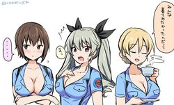  3girls :o alternate_costume anchovy_(girls_und_panzer) aoshidan_(emblem) aoshidan_school_uniform black_ribbon blonde_hair blue_shirt blush braid breast_pocket breasts brown_eyes brown_hair cleavage closed_eyes collarbone commentary_request cup darjeeling_(girls_und_panzer) embarrassed facing_viewer girls_und_panzer green_hair hair_ribbon holding holding_cup holding_saucer katakori_sugita large_breasts long_hair looking_at_viewer looking_to_the_side multiple_girls nishizumi_maho pocket red_eyes ribbon saucer school_uniform shirt short_hair short_sleeves simple_background teacup tied_hair translated twintails twitter_username upper_body white_background 