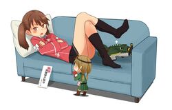  2girls aircraft annin_musou bad_id bad_twitter_id bag black_legwear blush brown_eyes brown_hair commentary_request couch crossed_arms fairy_(kancolle) handbag japanese_clothes jewelry kantai_collection kariginu long_hair long_sleeves lying magatama multiple_girls on_back open_mouth pillow pleated_skirt ryuujou_(kancolle) shikigami simple_background skirt socks stuffed_airplane stuffed_toy translation_request twintails type_96_fighter white_background 