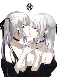  2girls black_clothes braid choker closed_eyes collarbone commentary earrings facial_mark fingernails from_side green_night hair_between_eyes hair_ornament hair_ribbon highres holding_hands interlocked_fingers jewelry kissing matching_earrings multiple_girls nail_polish original ribbon simple_background upper_body white_background white_hair yuri 