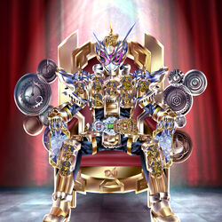  1boy absurdres commentary_request gold_trim grand_zi-o_rider_watch highres kamen_rider kamen_rider_grand_zi-o kamen_rider_zi-o kamen_rider_zi-o_(series) kuzurx male_focus sitting solo throne ziku_driver 