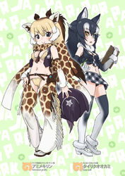  2girls adapted_costume alternate_costume animal_ear_fluff animal_ears animal_print arm_at_side bare_shoulders between_breasts bikini black_eyes black_hair black_panties blonde_hair blue_eyes breasts brown_hair brown_necktie chaps character_name clipboard closed_mouth commentary_request covered_nipples cowboy_hat cowboy_western cropped_vest detached_sleeves full_body fur_collar giraffe_ears giraffe_horns giraffe_print gloves grey_wolf_(kemono_friends) hair_between_eyes hand_on_own_hip hands_up hat heterochromia highres holding holding_clipboard holding_clothes holding_hat holding_pencil horns japari_symbol kemono_friends looking_at_viewer medium_breasts microskirt midriff multicolored_hair multiple_girls navel necktie oerba_yun_fang open_clothes open_mouth open_vest orange_eyes panties pencil plaid plaid_neckwear plaid_skirt pocket print_scarf print_sleeves print_thighhighs reticulated_giraffe_(kemono_friends) scarf shoes skirt smile standing star_(symbol) stomach swimsuit tail thighhighs two-tone_hair ugai_yuichi underwear unworn_hat unworn_headwear v-shaped_eyebrows vest white_hair wolf_ears wolf_girl wolf_tail 