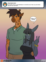  anthro anubian_jackal ask_blog bracelet breasts canid canine canis choker collar conditional_dnp dialogue digital_media_(artwork) duo english_text female gesture giraffe giraffid hand_gesture jackal jewelry kadath male mammal necklace nightshade_(kadath) patrick_(kadath) piercing text v_sign 