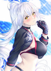  akapug621 bad_id bad_pixiv_id bikini black_bikini black_choker black_gloves black_jacket blush choker commentary_request cropped_jacket fate/grand_order fate_(series) female gloves jacket jeanne_d&#039;arc_alter_(fate) jeanne_d&#039;arc_alter_(swimsuit_berserker)_(fate) long_hair looking_at_viewer looking_to_the_side ponytail shrug_(clothing) solo sweatdrop swimsuit very_long_hair white_hair yellow_eyes 