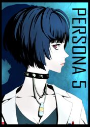  black_shirt blue_background blue_hair breasts choker chris_re5 cleavage collarbone commentary_request copyright_name female highres lab_coat looking_at_viewer looking_to_the_side medium_breasts persona persona_5 portrait profile red_eyes shadow shirt short_hair solo takemi_tae 