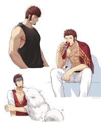  1boy 47_(479992103) abs beard blue_eyes brown_hair canine casual chest closed_eyes collage commentary_request cup drink facial_hair fate/grand_order fate_(series) from_side looking_at_viewer male_focus muscle napoleon_bonaparte_(fate/grand_order) open_clothes open_mouth pants scar simple_background sitting smile solo white_background 