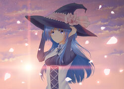  absurdres black_hat black_shirt blue_eyes blue_hair bow breasts chtholly_nota_seniorious cloud commentary_request crying crying_with_eyes_open female floating_hair flower guiyexiazhi hat hat_bow hat_flower highres long_hair long_sleeves medium_breasts petals photoshop_(medium) pink_bow pink_flower shirt shuumatsu_nani_shitemasu_ka? sky smile solo star_(sky) starry_sky sunset tears upper_body very_long_hair witch_hat 