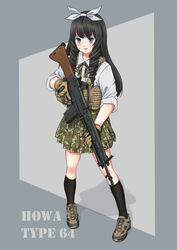  absurdres battle_rifle black_hair black_socks blue_eyes bow camouflage commentary drill_hair english_commentary female girls&#039;_frontline gloves gun hairbow highres holding holding_gun holding_weapon howa_type_64 howa_type_64_(girls&#039;_frontline) kneehighs little_armory load_bearing_vest long_hair looking_at_viewer mardjan rifle school_uniform simple_background socks solo weapon 