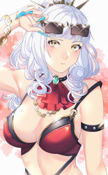  adjusting_eyewear akapug621 bad_id bad_pixiv_id bikini blue_nails blush breasts carmilla_(fate) carmilla_(summertime_mistress)_(fate) choker cleavage commentary_request eyewear_lift fate/grand_order fate_(series) female fingernails hair_ornament large_breasts long_fingernails long_hair looking_at_viewer nail_polish ponytail red_bikini sharp_fingernails solo sunglasses swimsuit upper_body wavy_hair white_hair yellow_eyes 