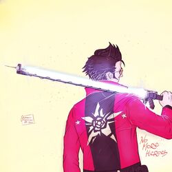  1boy artist_request beam_katana black_hair commentary_request denim energy_sword gloves jacket male_focus no_more_heroes simple_background solo sunglasses sword travis_touchdown weapon 