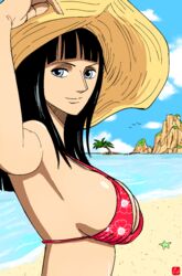  alternate_costume arm_up beach bikini black_hair blue_eyes blue_sky blunt_bangs breasts chris_re5 cleavage closed_mouth cloud commentary day english_commentary female hat highres large_breasts long_hair looking_at_viewer mixed-language_commentary nico_robin one_piece outdoors palm_tree print_bikini red_bikini sideboob sky smile solo sun_hat swimsuit traditional_media tree upper_body yellow_hat 