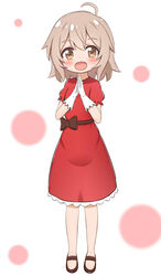  :d ahoge blush bow brown_bow brown_eyes brown_footwear brown_hair commentary dress female full_body gloves hair_between_eyes hands_up happy_happy_friends highres jiu_(sdesd3205) konomori_kanon open_mouth own_hands_together puffy_short_sleeves puffy_sleeves red_dress shoes short_sleeves simple_background smile solo watashi_ni_tenshi_ga_maiorita! white_background white_gloves 