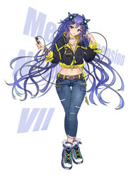  alternate_costume belt belt_buckle black_jacket blue_eyes breast_pocket breasts buckle casual chinese_commentary cleavage collarbone commentary_request crossed_legs denim female full_body hair_ornament highres jacket jeans jewelry long_hair long_sleeves medium_breasts navel necklace neptune_(series) next_purple pants parted_lips pocket purple_hair purple_heart_(neptunia) shin_jigen_game_neptune_vii shoes solo text_background thigh_gap very_long_hair watson_cross white_background white_crow white_footwear wristband 