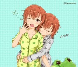  2girls animal_print blue_background brown_eyes brown_hair cat_print clone commentary_request cowboy_shot frog_print gekota green_pajamas grey_pajamas ha_neko houndstooth_background hug hug_from_behind looking_at_viewer medium_hair misaka_imouto misaka_imouto_10032 misaka_mikoto multiple_girls one_eye_closed open_mouth pajamas siblings sisters sleeping sleepy squeans stuffed_animal stuffed_frog stuffed_toy toaru_kagaku_no_railgun toaru_majutsu_no_index twitter_username yawning zzz 