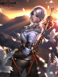  ass breasts ciri commentary female freckles gloves green_eyes jewelry liang_xing lips long_hair looking_at_viewer makeup medium_breasts necklace nose pants photoshop_(medium) scar short_hair solo sunset sword the_witcher_(series) the_witcher_3 weapon white_hair witcher_medallion 