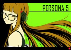  behind-the-head_headphones black-framed_eyewear black_camisole black_shirt blunt_bangs brown_eyes brown_hair camisole chris_re5 commentary_request copyright_name female floating_hair from_side glasses green_background headphones long_hair persona persona_5 portrait sakura_futaba shirt simple_background sleeveless sleeveless_shirt solo very_long_hair 