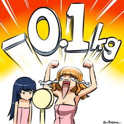  2girls :d arms_up black_hair blank_eyes blunt_bangs breasts cleavage clenched_hands commentary crying crying_with_eyes_open emphasis_lines english_text excited girls_und_panzer gradient_background half-closed_eyes jitome kogane_(staygold) lowres medium_breasts multicolored_background multiple_girls naked_towel no_mouth one-hour_drawing_challenge open_mouth orange_hair raised_fists reizei_mako smile takebe_saori tears towel twitter_username weighing_scale weight_conscious weight_loss 