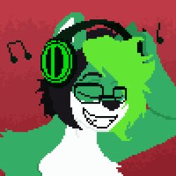  1:1 animated anthro batartcave black_hair black_nose canid canine chest_tuft closed_eyes digital_media_(artwork) electronics eyewear fur glasses green_body green_fur green_hair hair headphones loop low_res male mammal musical_note pixel_(artwork) pixel_animation short_playtime solo tuft white_body white_fur 