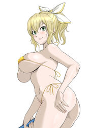  armpits ass bare_shoulders bikini blonde_hair breasts butt_crack cassandra_alexandra commentary_request cowboy_shot eyepatch_bikini female green_eyes hair_ribbon large_breasts minpei_ichigo ponytail ribbon short_hair side-tie_bikini_bottom smile solo soulcalibur swimsuit white_background yellow_bikini 