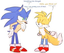  anthro canid canine clothed clothing crossdressing duo english_text eulipotyphlan footwear fox hedgehog legwear male mammal multi_tail sega socks sonic_the_hedgehog sonic_the_hedgehog_(series) tail tails text topazice 