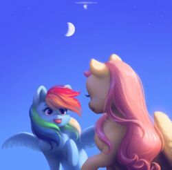  cloud duo equid equine female feral fluttershy_(mlp) friendship_is_magic hasbro hi_res katputze mammal moon my_little_pony mythological_creature mythological_equine mythology pegasus rainbow_dash_(mlp) sky skyscape star tongue tongue_out wings 