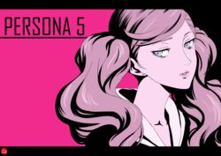  brown_hair chris_re5 collarbone commentary_request earrings female floating_hair grey_eyes hood hood_down jewelry long_hair looking_at_viewer looking_to_the_side parted_lips persona persona_5 pink_background portrait simple_background solo takamaki_anne twintails 