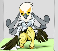  accipitriform aggretsuko anthro avian beak bird black_beak clothing feathers female low_res sanrio secretary_bird secretary_washimi solo white_body white_feathers zukicure5gogo 