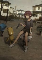  bandaged_arm bandages bench beretta_92 black_shirt black_shorts brown_eyes brown_hair building commentary day english_commentary female grey_footwear gun hair_ornament handgun highres holding holding_gun holding_weapon house iwakura_lain outdoors playground power_lines serial_experiments_lain shion_(mirudakemann) shirt shoes short_shorts short_sleeves shorts sitting sky sneakers solo spring_rider stuffed_animal stuffed_toy teddy_bear utility_pole weapon window x_hair_ornament 