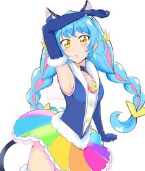  :o animal_ear_fluff animal_ears aqua_hair arm_up armpits bad_id bad_pixiv_id black_choker blue_gloves blush brooch cat_ears cat_tail choker cure_cosmo elbow_gloves female gloves haruzu2000 jewelry long_hair looking_at_viewer magical_girl multicolored_clothes multicolored_skirt precure rainbow_skirt simple_background skirt solo star_twinkle_precure tail twintails white_background yellow_eyes yuni_(precure) 