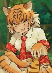  :d animal_ear_fluff animal_ears animal_print black_hair blush bottle choko_(cup) collared_shirt crossed_legs cup elbow_gloves extra_ears female gloves kemono_friends looking_at_viewer multicolored_hair necktie open_mouth orange_hair plaid plaid_necktie plaid_skirt plaid_trim pleated_skirt print_bottle print_cup print_gloves print_thighhighs rumenia_(ao2is) shirt short_hair short_sleeves sidelocks sitting skirt smile solo thighhighs tiger_(kemono_friends) tiger_ears tiger_print tokkuri white_hair yellow_eyes 