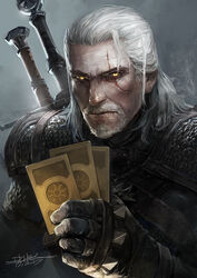  1boy armor beard card commentary facial_hair geralt_of_rivia gloves hexaoyama long_hair looking_at_viewer male_focus photoshop_(medium) scar scar_across_eye scar_on_face solo sword the_witcher_(series) the_witcher_3 weapon white_hair witcher_medallion yellow_eyes 