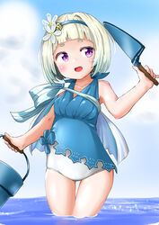  arm_at_side armpits ass_visible_through_thighs blue_bow blue_capelet blue_hair blue_hairband blue_one-piece_swimsuit blue_sky blunt_bangs blush bow breasts bucket capelet casual_one-piece_swimsuit cloud collarbone colored_eyelashes commentary cowboy_shot day female fire_emblem fire_emblem_heroes flower gradient_hair hair_flower hair_intakes hair_ornament hairband hand_up holding holding_bucket horizon legs_together lillian8710 looking_at_viewer multicolored_capelet multicolored_clothes multicolored_hair multicolored_swimsuit one-piece_swimsuit open_mouth outdoors pinky_out purple_eyes short_eyebrows short_hair sky small_breasts solo sparkle standing swimsuit thigh_gap trowel wading water white_capelet white_flower white_hair white_one-piece_swimsuit ylgr_(fire_emblem) ylgr_(summer)_(fire_emblem) 