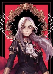  ascot blonde_hair blue_eyes cape commentary_request edelgard_von_hresvelg female fire_emblem fire_emblem:_three_houses garreg_mach_monastery_uniform gloves hair_ornament hair_ribbon long_hair looking_at_viewer red_cape ribbon sangcoon simple_background solo uniform 