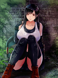  against_wall arm_support bike_shorts black_hair black_thighhighs black_undershirt breasts collarbone commentary_request crop_top elbow_gloves female final_fantasy final_fantasy_vii final_fantasy_vii_remake gloves highres knees_together_feet_apart large_breasts long_hair looking_at_viewer low-tied_long_hair red_eyes red_footwear shade shorts shorts_under_skirt sitting smile suspenders switch01 tank_top thighhighs tifa_lockhart undershirt wall white_tank_top 