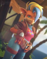  3d 3d_(artwork) activision anthro ass bandicoot blender blender_(software) blender_cycles blonde_hair blue_eyes blue_hair breasts clothed crash_(series) daruma_hedonist ear_piercing earrings female furry genitals green_eyes highres humanoid_pointy_ears jacket jeans large_breasts looking_at_viewer mammal marsupial model model_release mohawk mutant navel nipples piercing pirate_tawna punk_girl pussy rodent small_waist solo tawna_bandicoot tawna_bandicoot_(crash_4) tawny_otter thick_thighs thigh_clothes topwear two_tone_hair wide_hips 