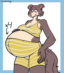  2026 absurd_res anthro arrow_pointing_to_belly beastars belly big_belly big_breasts blue_border blue_eyes border bottomwear breasts brown_body brown_fur brown_nose clothing digital_drawing_(artwork) digital_media_(artwork) directional_arrow english_description female fur hand_on_own_belly hi_res huge_belly humanoid_hands hyper hyper_belly hyper_pregnancy juno_(beastars) looking_down looking_down_at_self mayternity mayternity_2026 navel navel_outline obscureaccretion outie_navel pink_inner_ear pregnant pregnant_anthro pregnant_female simple_background solo standing tail tan_body tan_fur topwear white_background yellow_bottomwear yellow_clothing yellow_topwear 