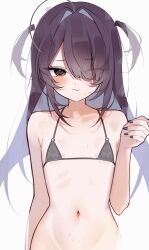  @_@ absurdres ahoge bikini black_bikini black_hair black_nails blush bottomless brown_eyes closed_mouth eyes_visible_through_hair female flat_chest hair_intakes hair_over_one_eye hand_up highres long_hair looking_at_viewer meiwowowo micro_bikini nail_polish navel oerba_yun_fang original out-of-frame_censoring simple_background skin_fang solo stomach sweat swimsuit two_side_up upper_body white_background 