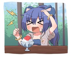  &gt;_&lt; bangle blue_bow blue_hair blush bow bracelet brain_freeze breasts cleavage collarbone commentary_request drawstring female food grey_hoodie hairbow hand_on_own_head holding holding_spoon hood hood_down hoodie jewelry long_hair open_clothes open_hoodie open_mouth patch rokugou_daisuke shaved_ice short_sleeves sidelocks signature solo spoon sweatdrop touhou wavy_mouth yorigami_shion 