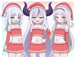  3girls arched_bangs arms_behind_back asymmetrical_bangs bare_legs bare_shoulders blue_eyes blue_hair blunt_bangs blush christmas closed_mouth demon_girl demon_horns detached_sleeves dress flat_chest fur-trimmed_dress fur-trimmed_headwear fur-trimmed_skirt fur-trimmed_sleeves fur_trim gawr_gura grey_hair hair_ornament hand_on_own_hip hat hexagram_hair_ornament highres hololive hololive_english holomyth holox horns huge_horns knees_out_of_frame la+_darknesss long_hair looking_at_viewer midriff miniskirt multicolored_hair multiple_girls murasaki_shion oerba_yun_fang open_mouth pointy_ears purple_hair purple_horns red_hat santa_costume santa_hat shark_girl shark_hair_ornament sharp_teeth simple_background skin_fang skirt smile streaked_hair striped_horns teeth uukan very_long_hair virtual_youtuber yellow_eyes 