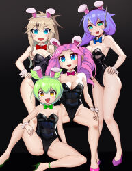  4girls :3 :d absurdres alternate_costume animal_ears black_leotard blue_bow blue_bowtie blue_eyes blush bow bowtie breasts brown_hair cleavage collar detached_collar dragon_tanaka drill_hair fake_animal_ears full_body gradient_background green_bow green_bowtie green_footwear grey_background hands_on_own_hips headphones high_heels highleg highleg_leotard highres kasukabe_tsumugi kyuushuu_sora leotard long_hair looking_at_viewer manatsu_no_yo_no_inmu medium_breasts medium_hair mole mole_under_eye multiple_girls oerba_yun_fang open_mouth parody pea_pod pink_footwear pink_hair playboy_bunny purple_bow purple_bowtie purple_footwear purple_hair rabbit_ears red_bow red_bowtie shikoku_metan short_hair sitting small_breasts smile standing strapless strapless_leotard taka_(takahirokun) twin_drills utau voiceroid voicevox white_collar wrist_cuffs yellow_eyes zundamon 