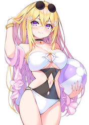  ahoge arm_up armpits ball bangle bare_shoulders beachball bikini black_choker blonde_hair bracelet breasts choker cleavage closed_mouth clothing_cutout cowboy_shot cu-no earrings eyewear_on_head female hair_ornament hairclip hakurei_botan highres hisen_kaede holding holding_ball jewelry large_breasts long_hair looking_at_viewer multi-strapped_bikini_bottom navel navel_cutout off_shoulder open_clothes purple_eyes round_eyewear simple_background smile solo standing strapless strapless_bikini sunglasses swimsuit thighs white_background white_bikini 