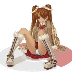  belt belt_boots blazer bleached_hair blonde_hair boots bow brown_hair brown_jacket buckle colored_tips dark-skinned_female dark_skin eyes_visible_through_hair feather_hair_ornament feathers fingernails fur_trim gyaru hair_ornament hair_over_one_eye jacket knee_boots long_bangs long_hair lopunny multicolored_hair on_floor one_eye_covered oniyuru open_mouth panties parted_lips personification pink_lips plaid_clothes plaid_skirt pleated_skirt poke_ball poke_ball_(basic) poke_ball_symbol pokedex_number pokemon pokemon_dppt ponytail red_bow red_eyes red_skirt school_uniform sitting skirt spread_legs twintails two-tone_hair underwear white_panties zipper zipper_footwear zipper_sleeves 