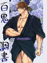  1boy bara belt brown_hair covered_eyes facial_hair feet_out_of_frame floral_background flower highres japanese_clothes kimono mabataki male_focus manly mature_male muscular muscular_male open_clothes open_kimono original pectorals ponytail smirk solo spiked_hair stubble thick_thighs thighs veins 