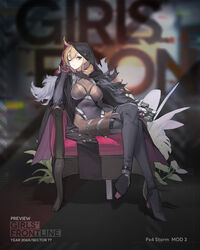  beretta_px4 black_cape black_leotard breasts brown_hair cape crossed_legs english_text fur_collar girls&#039;_frontline green_eyes gun handgun highres hood large_breasts leotard looking_at_viewer mole mole_under_eye official_alternate_costume official_art on_chair one_eye_closed px4_storm_(girls&#039;_frontline) px4_storm_(mod3)_(girls&#039;_frontline) sitting weapon 