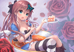  :d aqua_eyes black_bow blue_dress blush bow breasts brown_hair butterfly_hair_ornament cake cake_slice cleavage cleavage_cutout clothing_cutout collarbone commentary_request commission cup dress eating eyes_visible_through_hair feet_out_of_frame female floating_hair floral_background flower food fork frilled_dress frilled_sleeves frills fruit hair_between_eyes hair_ornament hairbow hands_up happy hapymaher heart heart_print highres holding holding_fork holding_plate knees_up large_breasts long_hair looking_at_viewer matsu520 open_mouth plate puffy_short_sleeves puffy_sleeves red_flower red_rose rose short_dress short_sleeves simple_background single_thighhigh sitting skeb_commission smile solo straight_hair strawberry striped_clothes striped_thighhighs tea teacup thighhighs toriumi_arisu tsurime very_long_hair wading zettai_ryouiki 