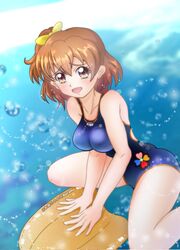  blue_one-piece_swimsuit breasts brown_eyes brown_hair burafu_maru clover_print collarbone competition_school_swimsuit female fresh_precure! hair_ornament highres holding_kickboard kickboard medium_breasts one-piece_swimsuit open_mouth precure school_swimsuit short_hair smile swimsuit twintails water yamabuki_inori 