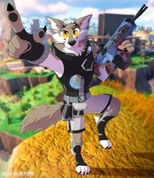  2023 5_fingers anthro artist_name bottomwear canid canine canis claws clothing digital_media_(artwork) epic_games finger_claws fingers fortnite gesture gun hand_gesture hi_res holding_object holding_weapon leo-wolf mammal outside pants pointing ranged_weapon shorts solo tongue tongue_out weapon wendell_(fortnite) wolf year 